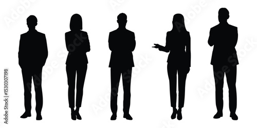 Business man and woman group standing silhouette. Diverse professional business people silhouettes. Group of standing business people silhouette. 