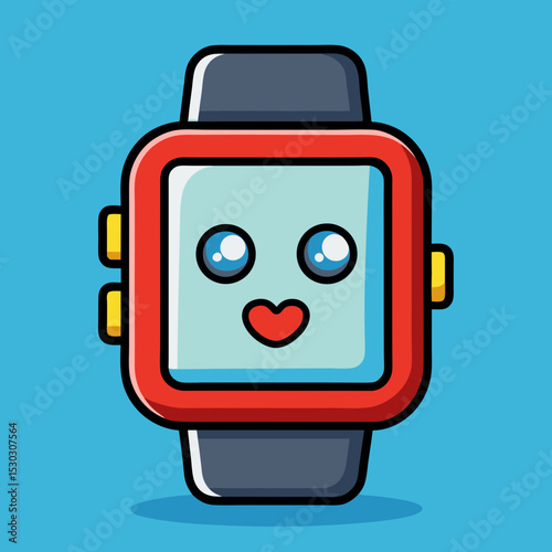 Cute cartoon smartwatch with heart face on blue background