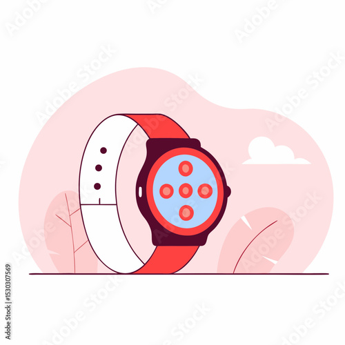 Illustration of a smartwatch with a white and red band