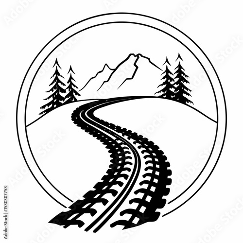 Railroad tracks leading to mountains and pine trees circle