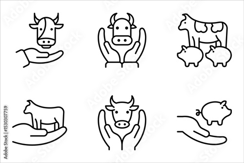 Livestock protection icon set. Veterinary service. Animal rights and healthcare, Farming industry. vector illustration on white background
