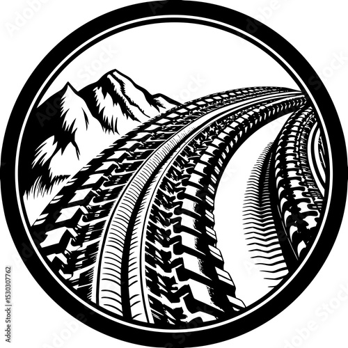 Tire tracks leading to mountains in a circular frame