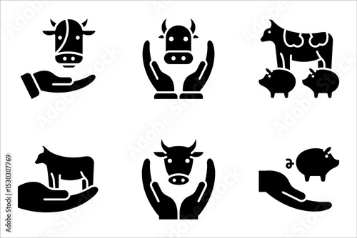 Livestock protection icon set. Veterinary service. Animal rights and healthcare, Farming industry. vector illustration on white background