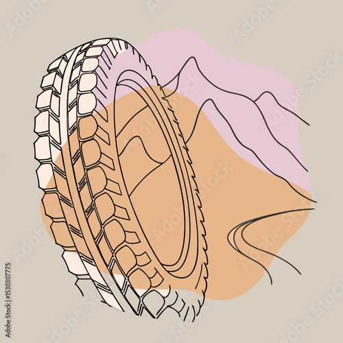 Illustration of tire with mountain range in the background
