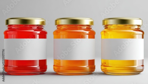Three glass jars,  red, orange, yellow,  with blank labels, gold lids