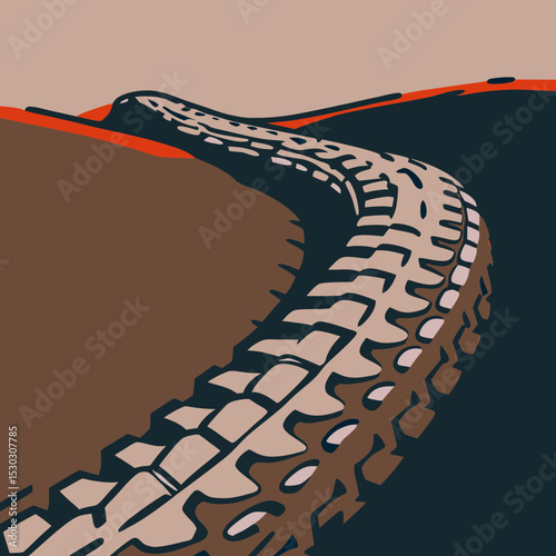Tire track winding through a landscape illustration