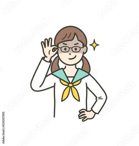 眼鏡を上げて悪巧みしてニヤける女子学生女子