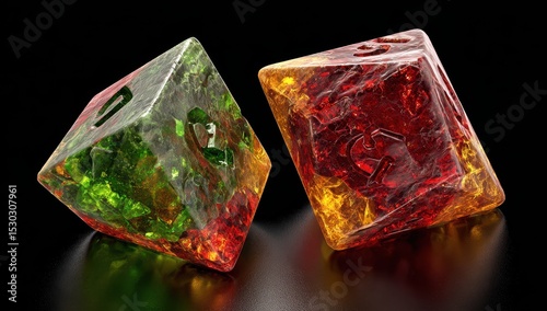Two vibrant, translucent dice, one green, one red-orange, sit on a black surface
