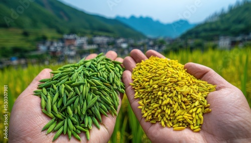 Hands holding green and yellow rice