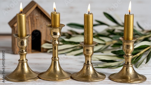 Four golden candlesticks, small wooden house, olive branches