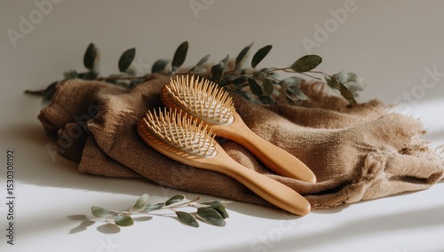 Two light beige wooden hairbrushes rest on a tan cloth, with sprigs of greenery