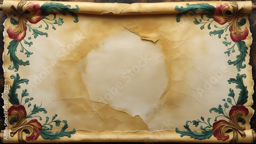 Antique Paper Scroll with Gold Vines and Blossoms