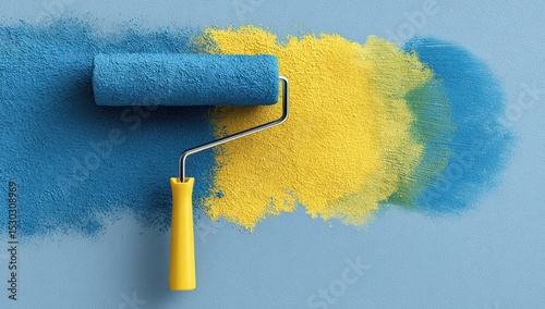 Paint roller applying blue and yellow paint to a light-gray wall