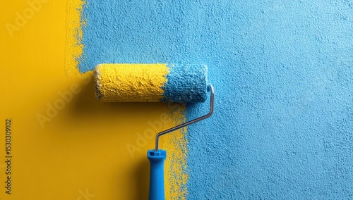 Fototapeta Naklejka Na Ścianę i Meble -  Paint roller with yellow and blue paint on wall