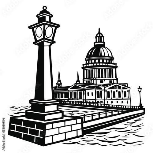 Black and white illustration of a capitol building near a river and lamp post