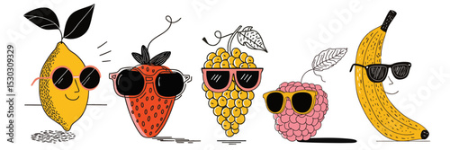 Cute summer fruit characters wearing sunglasses doodle illustration