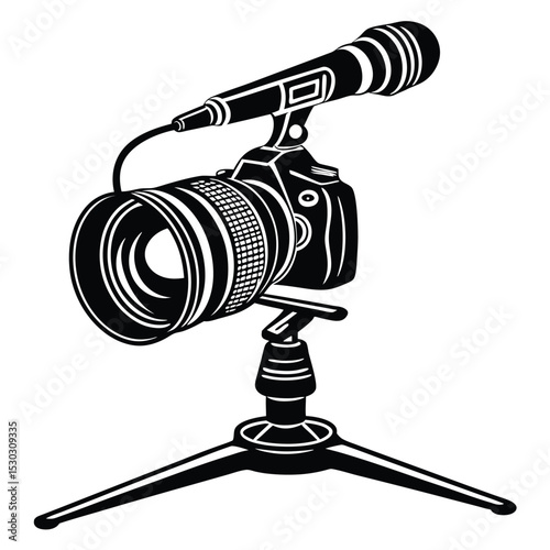 Black and white illustration of camera and microphone on a tripod stand