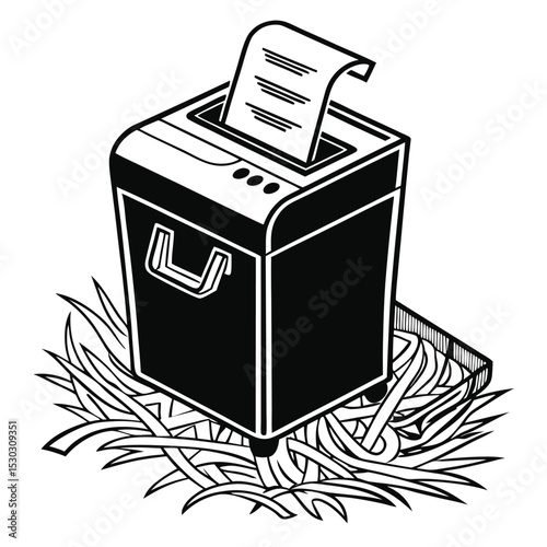 Black and white line art illustration of a paper shredder machine