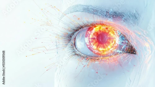 Vision of Tomorrow: An extreme close-up showcases a captivating, futuristic cybernetic eye, illuminated with radiant digital circuits and glowing patterns.