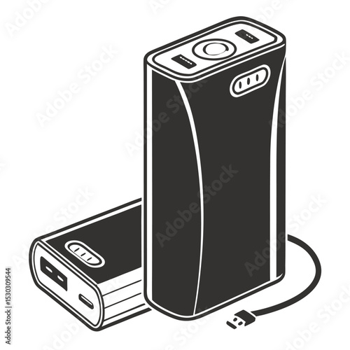 Illustration of two portable power banks with cable, providing energy on the go
