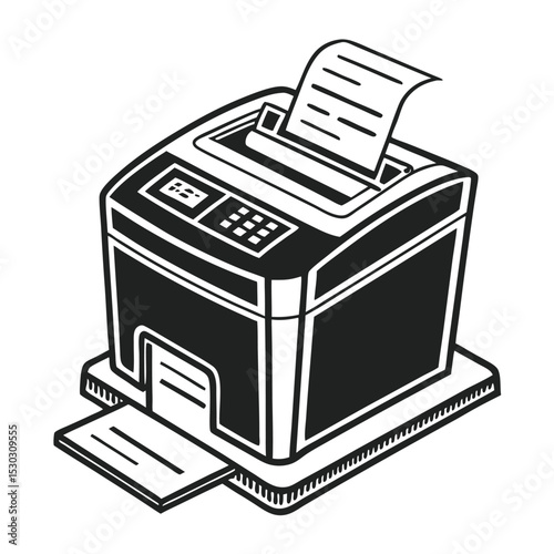 Illustration of a black and white laser printer with a document printed
