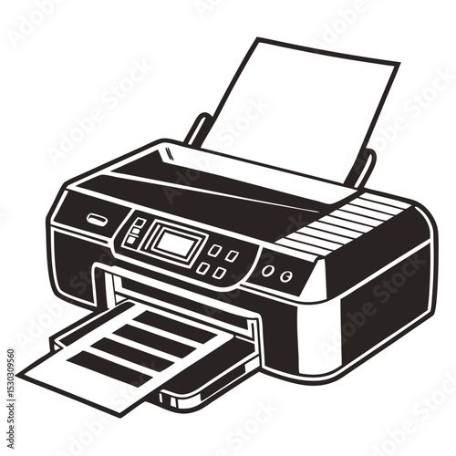 Illustration of a modern monochrome printer with paper feed and output tray