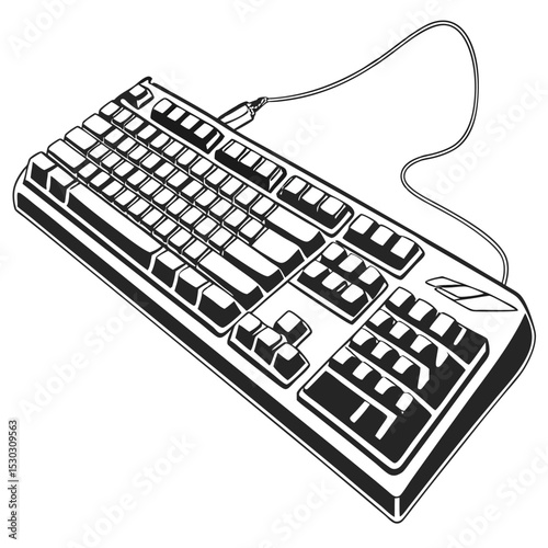 Isometric illustration of a classic computer keyboard with a cable, in monochrome