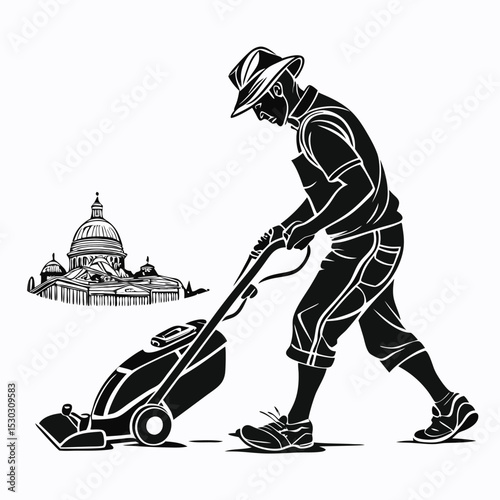 Man vacuuming in front of the Capitol building in an artistic rendering