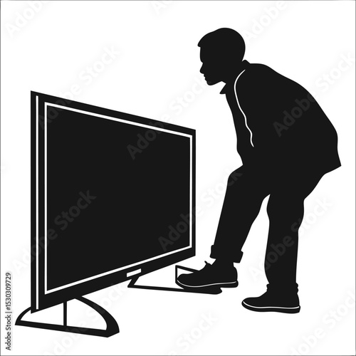 Person curiously examining a large flat screen television set very closely