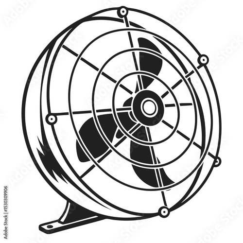 Stylized Vintage Electric Fan Illustration in Black and White, with Circular Design