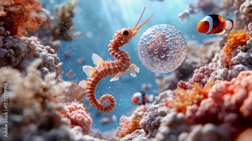 Tiny seahorses dressed in aquatic armor play polo with a bubble ball in a sunlit lagoon