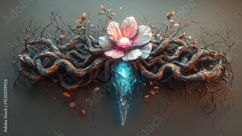 Mystic Roots, Crystalline Bloom: A Surreal Floral Arrangement