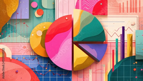 Colorful abstract graphic design featuring various charts and graphs, with a central pie chart