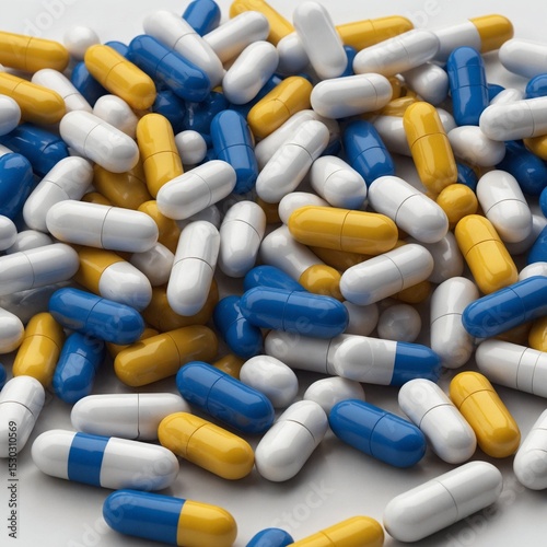 White, yellow and blue capsules isolated on transparent background. 3d render. PNG. Tablets, medicine concept. 3D rendering, ui, ux. Pills. Health
