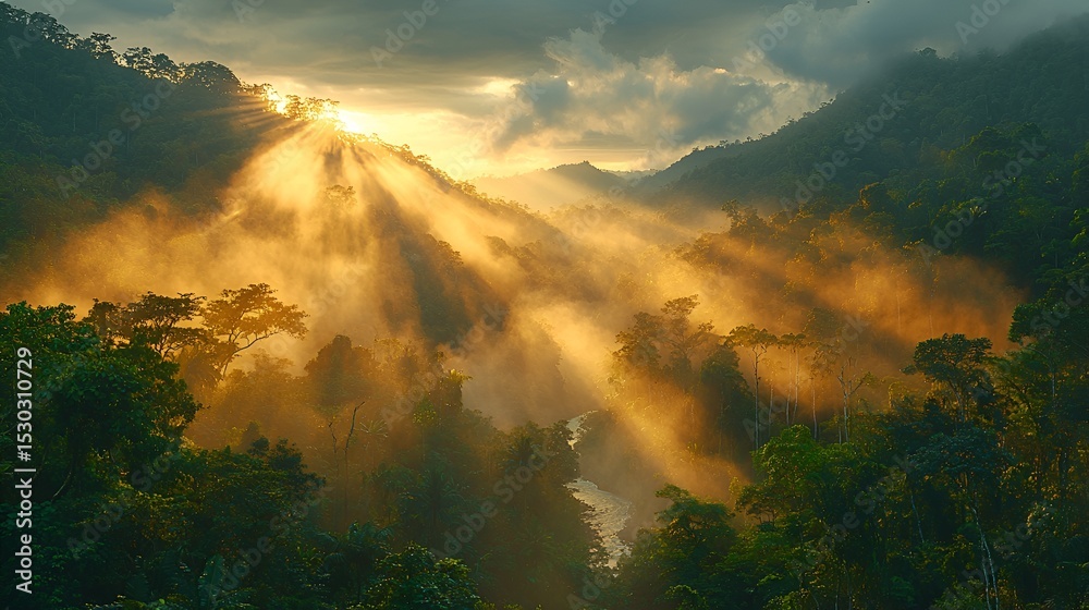 Fototapeta premium Sun rays through misty mountain valley at sunrise.