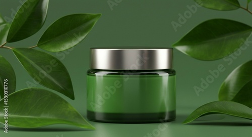 Elegant green beauty jar mockup with metallic lid, surrounded by natural leaves, styled in a contemporary eco-friendly layout.