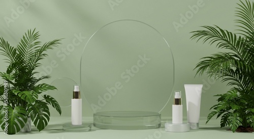 Minimal glass pedestals and clean shadows with tropical plants and greenery