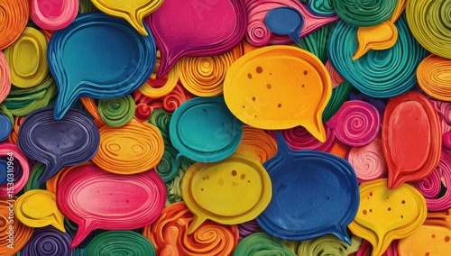Colorful layered speech bubbles, swirling patterns