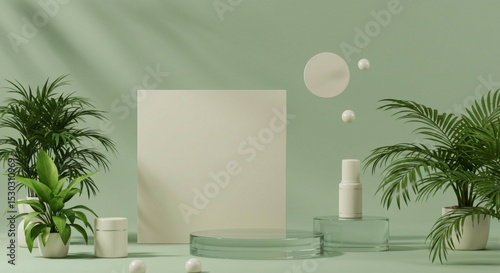 Modern cosmetic product display with tropical plants and green tones, featuring a minimal glass pedestal and clean shadows.