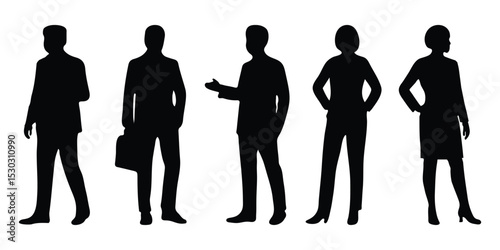 Professional businessman and businesswoman silhouettes. Collection of businesspeople in various poses. People standing in row silhouette vector.