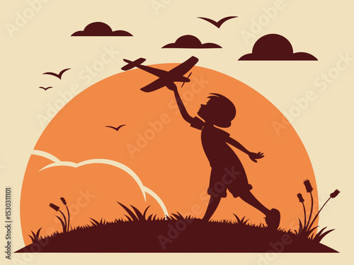 Boy reaching for toy airplane silhouette against sunset sky