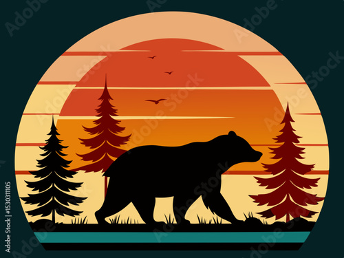 Silhouette of a bear walking through sunset forest landscape