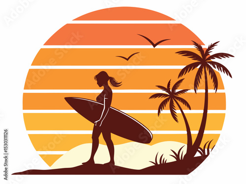 Surfer silhouette at sunset with palms and birds