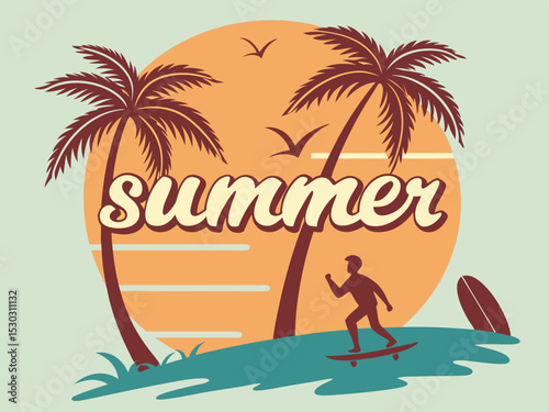 Retro summer beach scene with palm trees and surfer silhouette