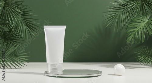 Modern cosmetic product display with tropical plants and green tones, featuring a minimal glass pedestal and clean shadows.