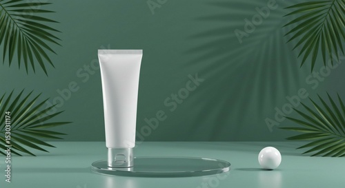 Modern cosmetic product display with tropical plants and green tones, featuring a minimal glass pedestal and clean shadows.
