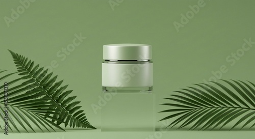 Minimalist skincare product mockup on a green background with tropical leaves and a transparent acrylic stand, modern and natural aesthetic.