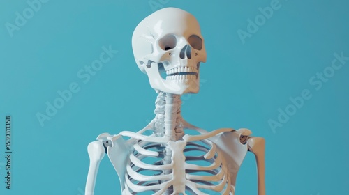 White human skeleton model against a light blue background.