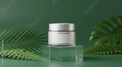 Minimalist skincare product mockup on a green background with tropical leaves and a transparent acrylic stand, modern and natural aesthetic.