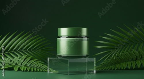 Beauty product presentation with green container, tropical foliage accent, and elegant minimal green studio lighting.